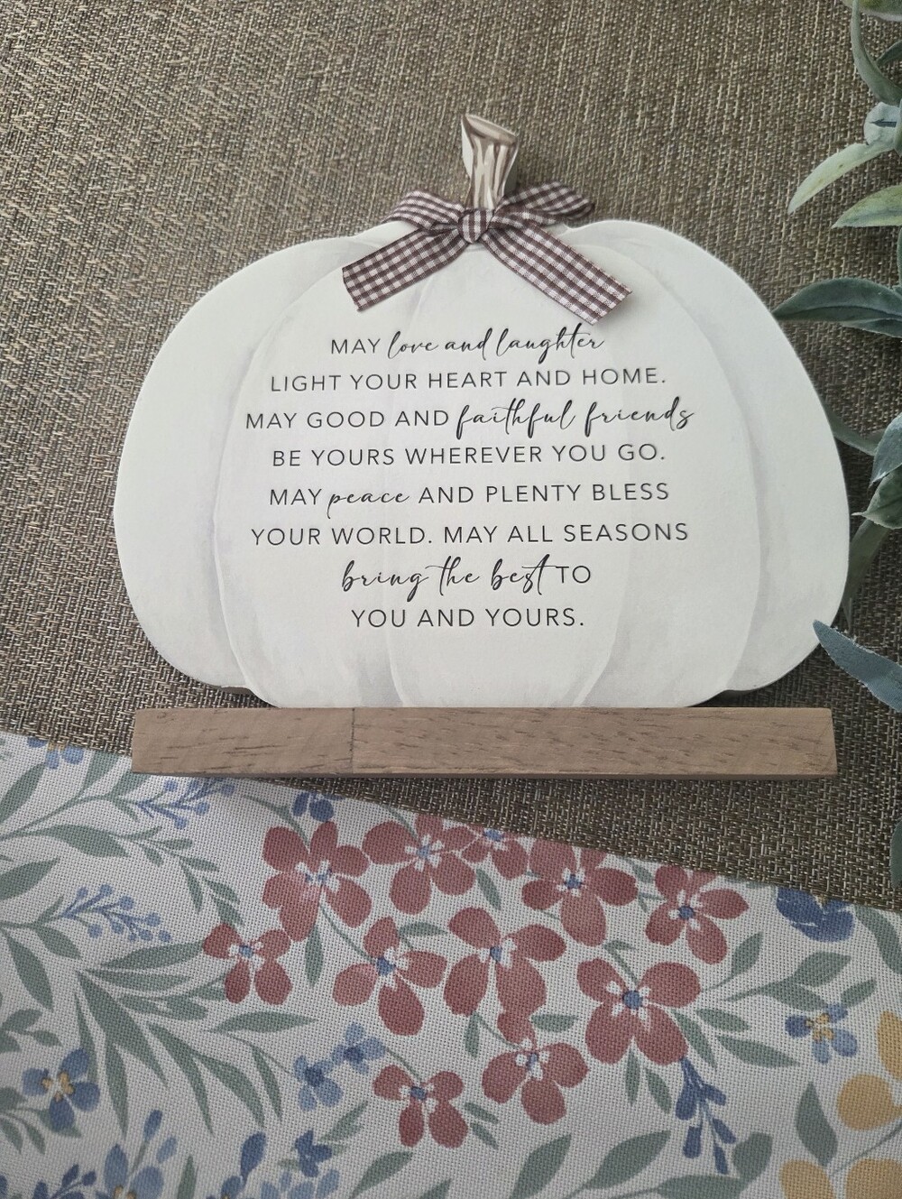 Rustic White Pumpkin Table Accent with Brown Gingham Bow